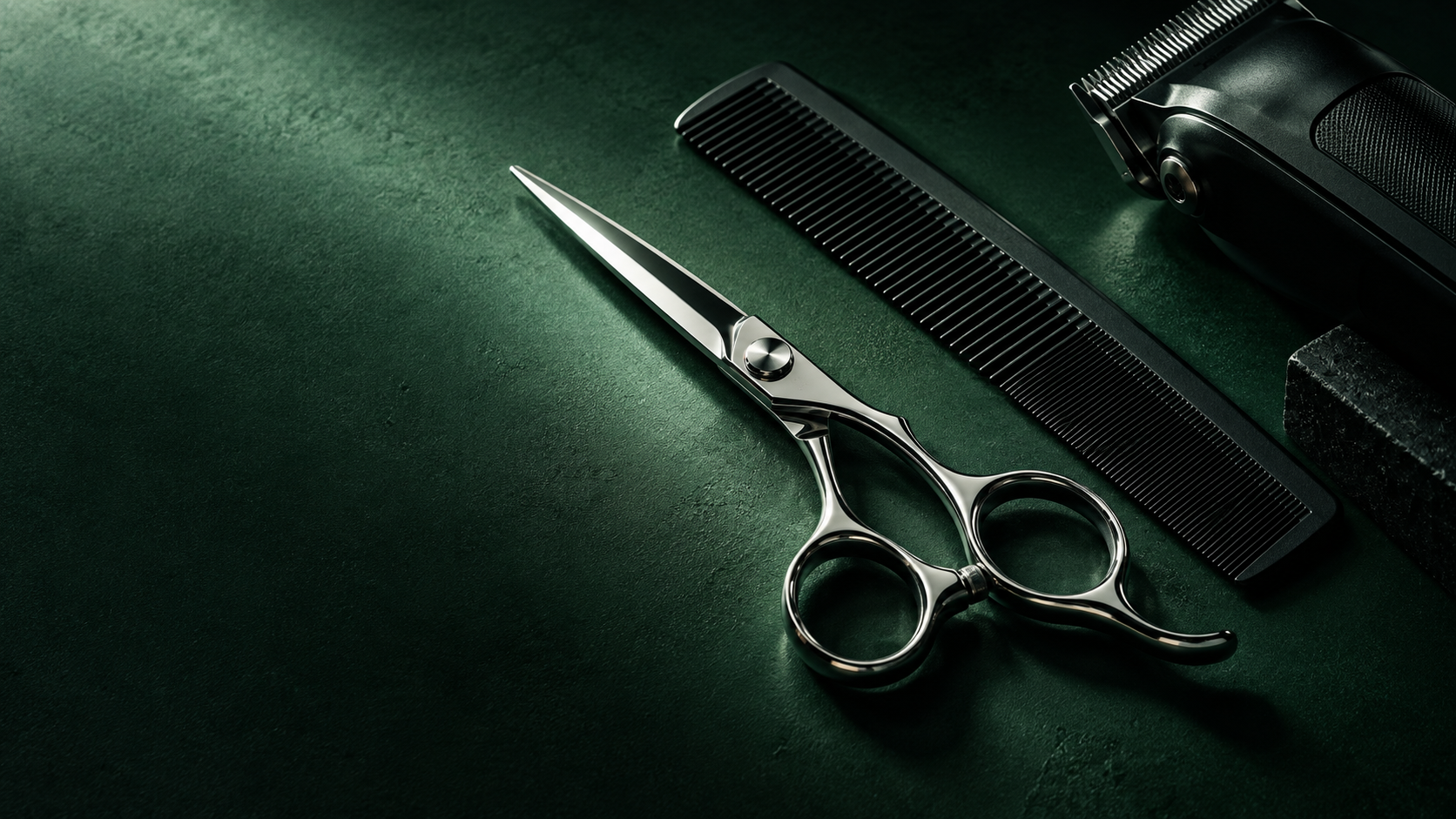 Illustrative still-life of chrome barber scissors and comb on a green studio surface